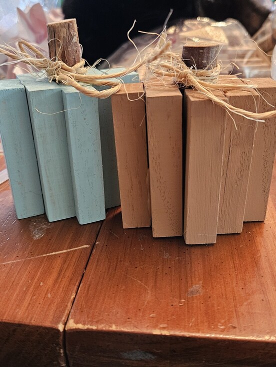 hand-crafted Other - Handcrafted Rustic Wooden Pumpkin Set in Light Blue and Tan - Home Accents
